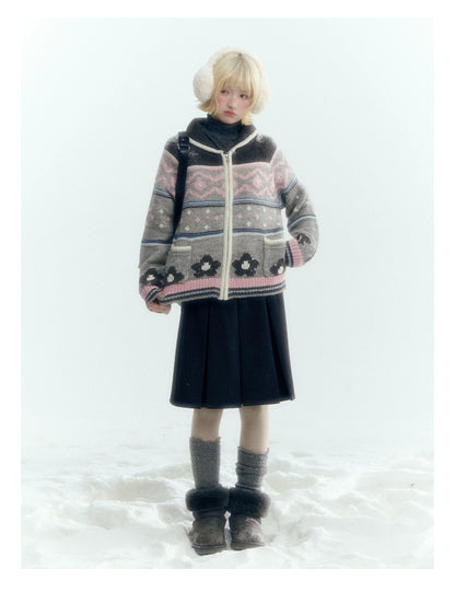 Horridale - Gray Pink Fair Isle Floral Zip-Up Knit Cardigan