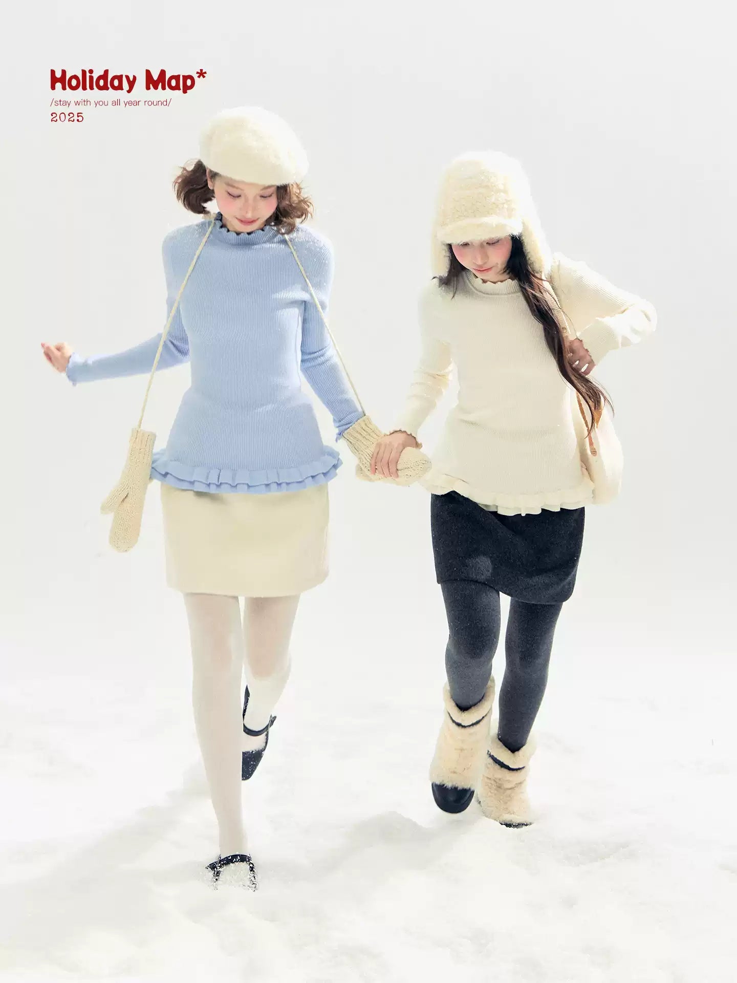 "Morning Mist" A-Line Wool-Blend Mini Skirt (Mist Gray/ Cream Beige)