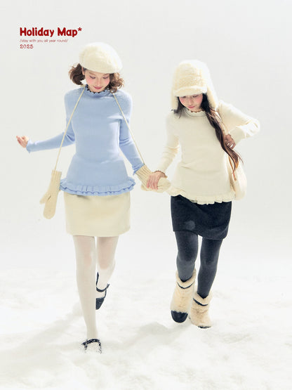 "Soft Whisper" Ruffle Mock Neck Ribbed Knit Top (Ivory/ Smoky Gray)
