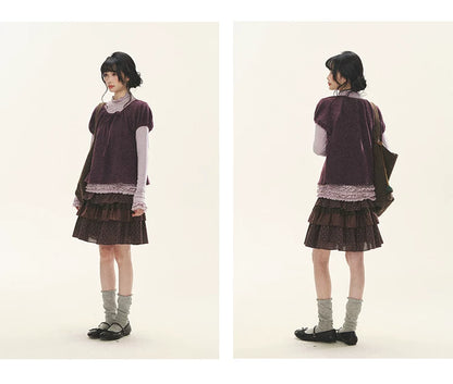 "Violet Journal" Grape Purple Bow Lace Short Sleeve Knit Top