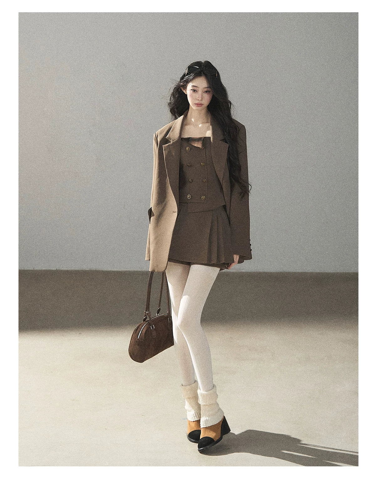AOMALM - “Evening Breeze in the Valley” Chestnut Brown Blazer, Cami & Pleated Skort Set