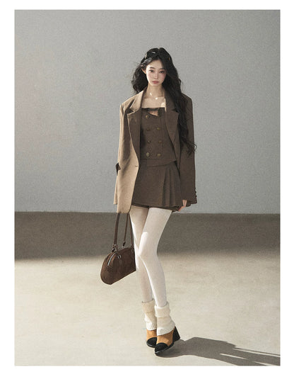 AOMALM - “Evening Breeze in the Valley” Chestnut Brown Blazer, Cami & Pleated Skort Set