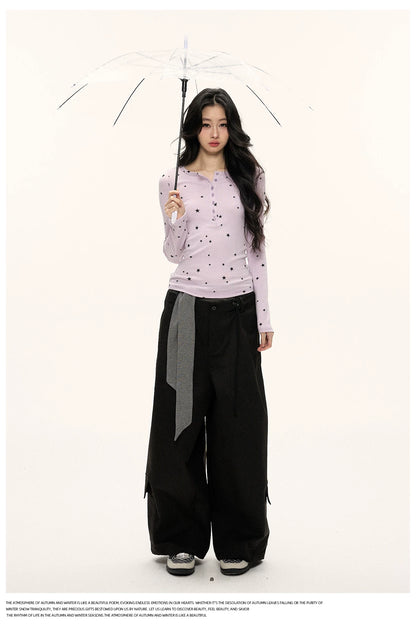 JN's DESIGN - Star Print Fitted Henley Long-Sleeve Top (White / Taro Pink-Purple)