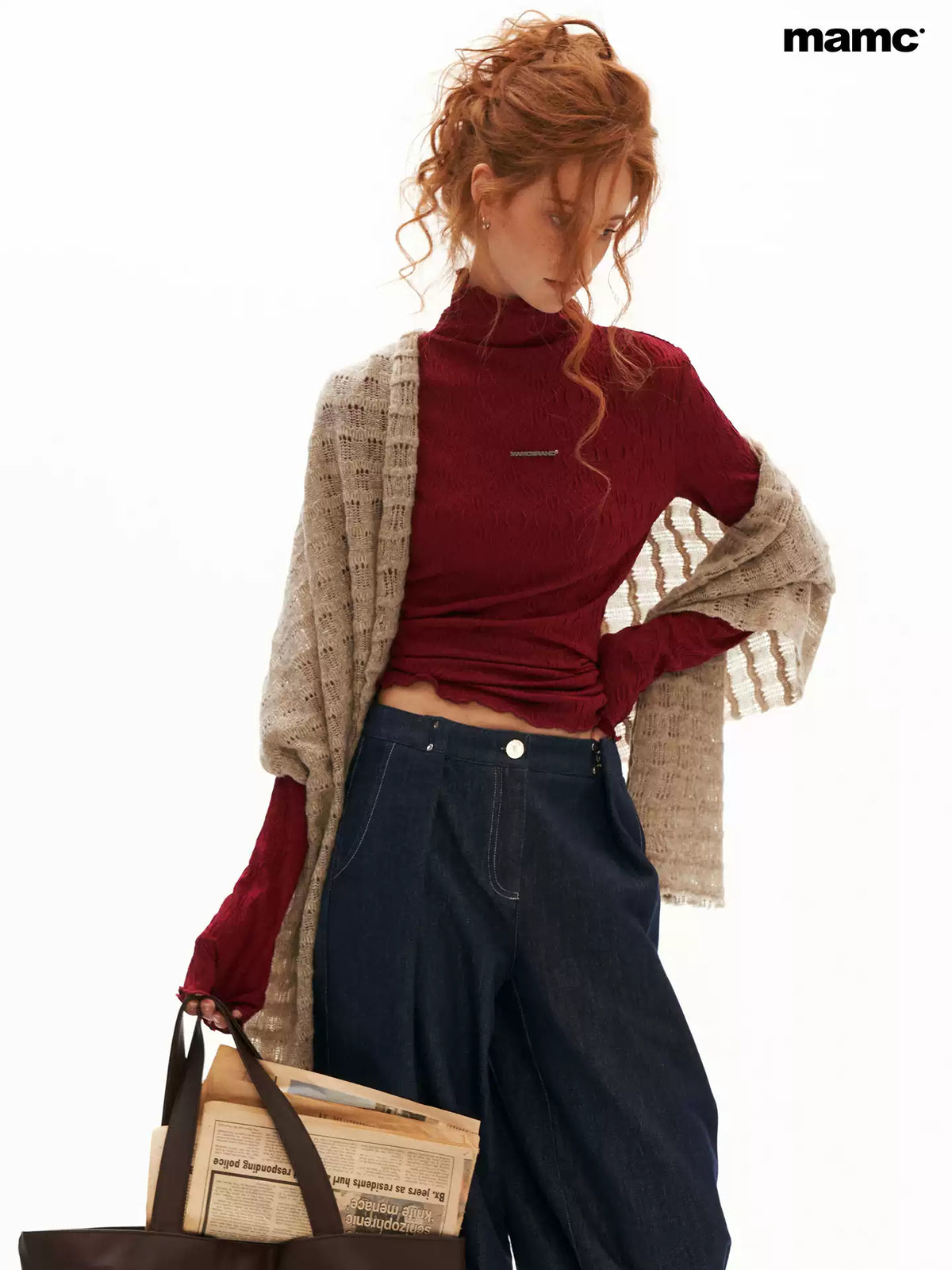 MAMC - Textured Muse Fitted Long-Sleeve Top (Red / White)