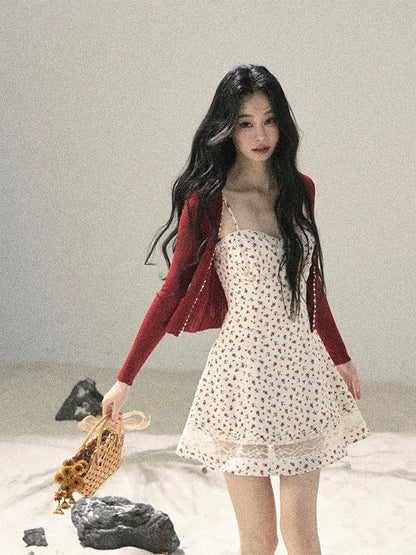 "Blooming Rose Reverie" Cloud White Floral Lace Mini Dress & Burgundy Wine Cardigan 56483