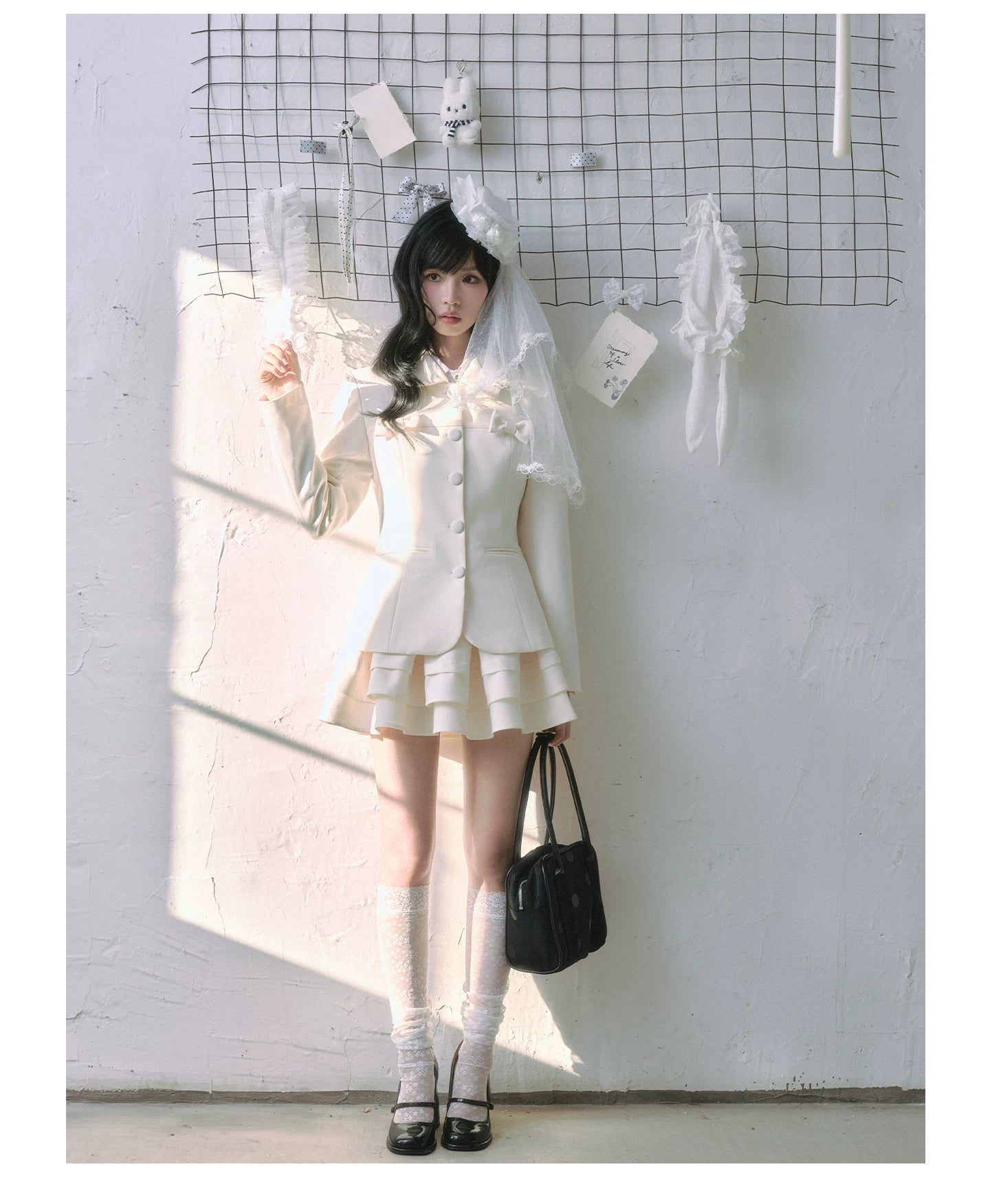 "Showa Girl" Tailored Layered Collection (Blazer / High-Waist Skirt / Victorian Shirt / Mesh Overlay Skirt)