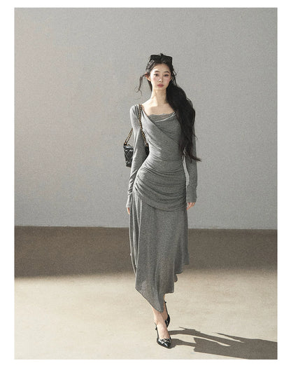 AOMALM - "Still River Cove" Cloud Mist Gray French-Inspired Lace Maxi Dress