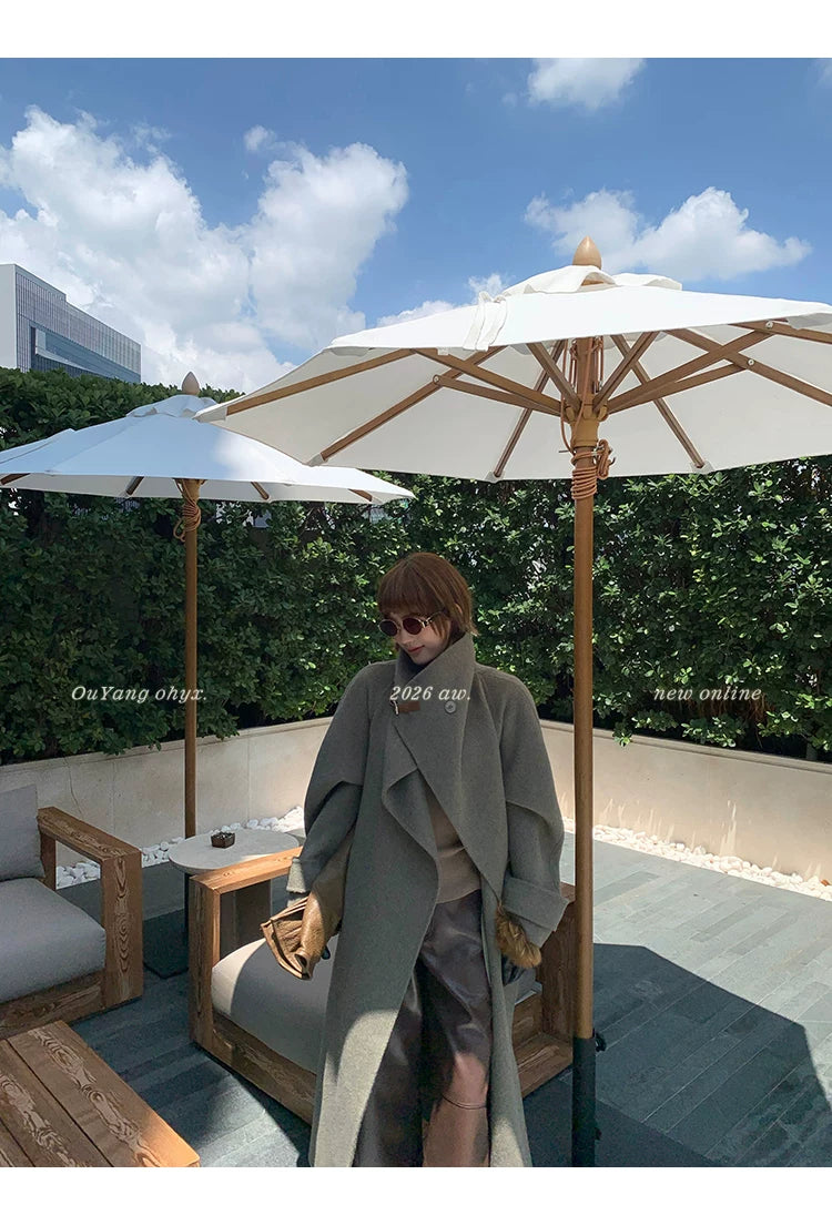 QuQuOuYang - 100% Wool Double-Face Belted Coat with Convertible Collar