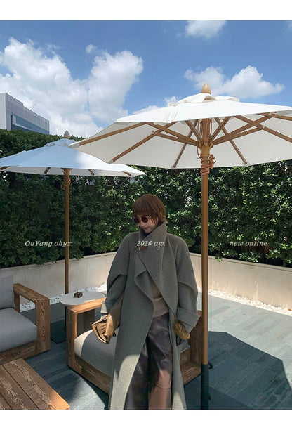 QuQuOuYang - 100% Wool Double-Face Belted Coat with Convertible Collar