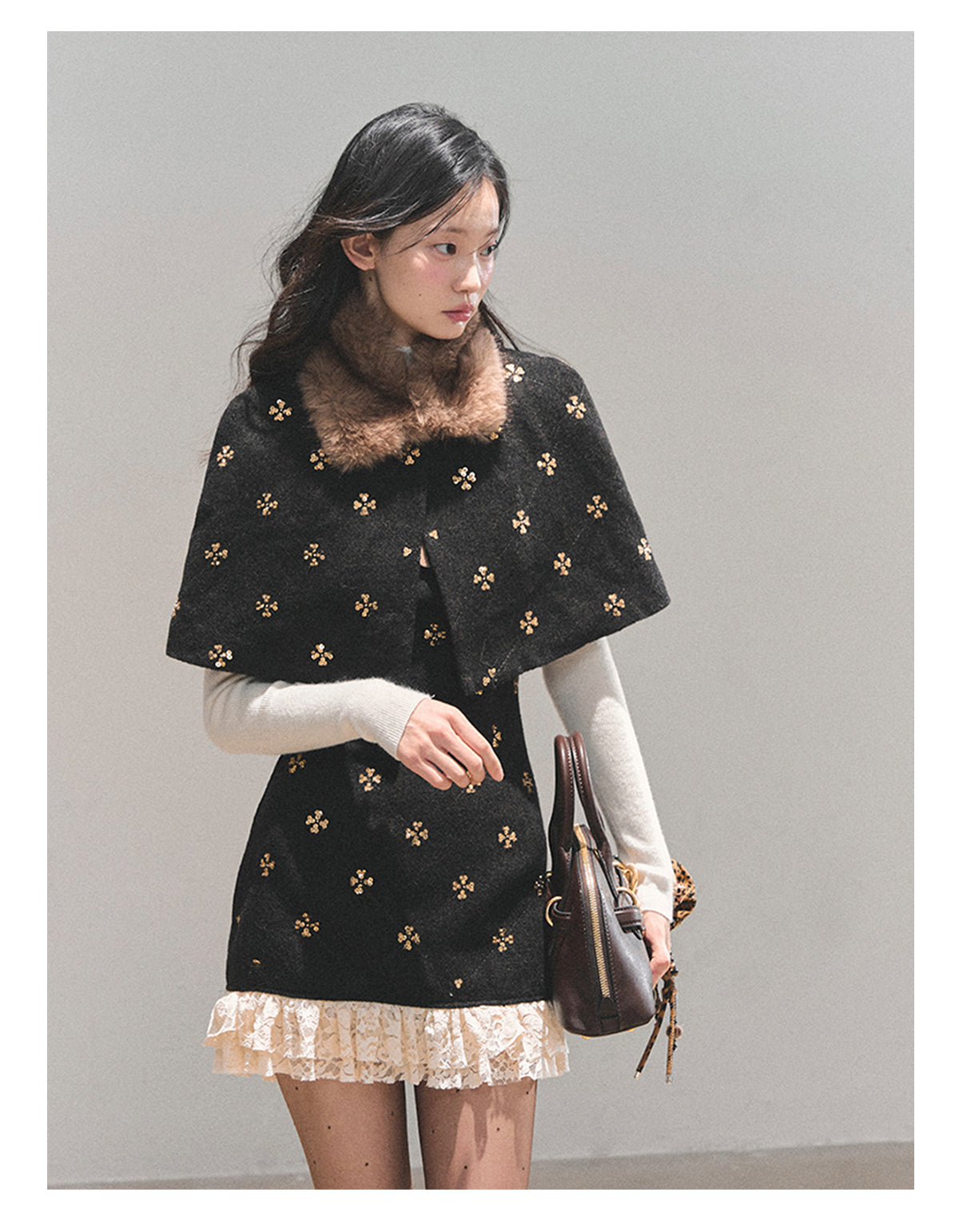 少也眼 “Snowy Night Waltz” French-Style Wool Dress with Detachable Fur Cape