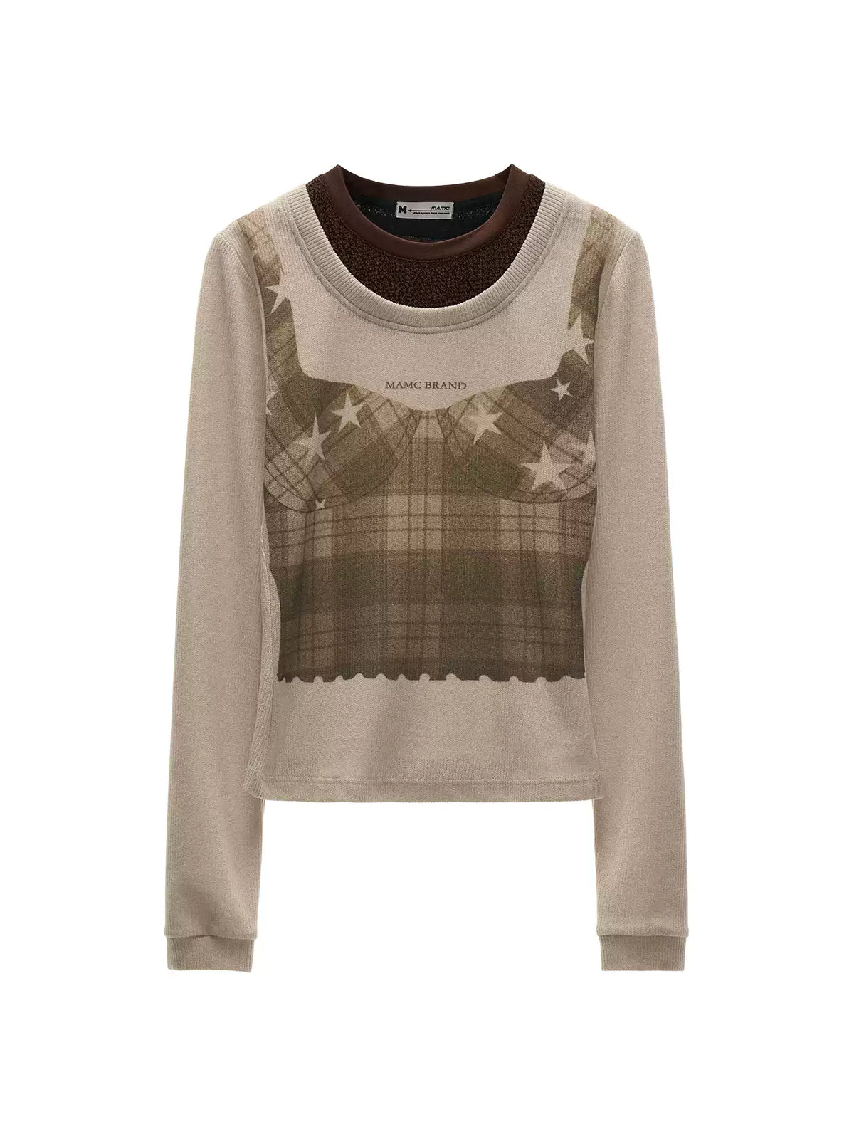 MAMC - Light Khaki Y2K Star Plaid Layered Knit Top