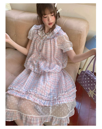 [RF] “Rainbow Cotton Candy” Blue & Pink Plaid Two-Piece Set