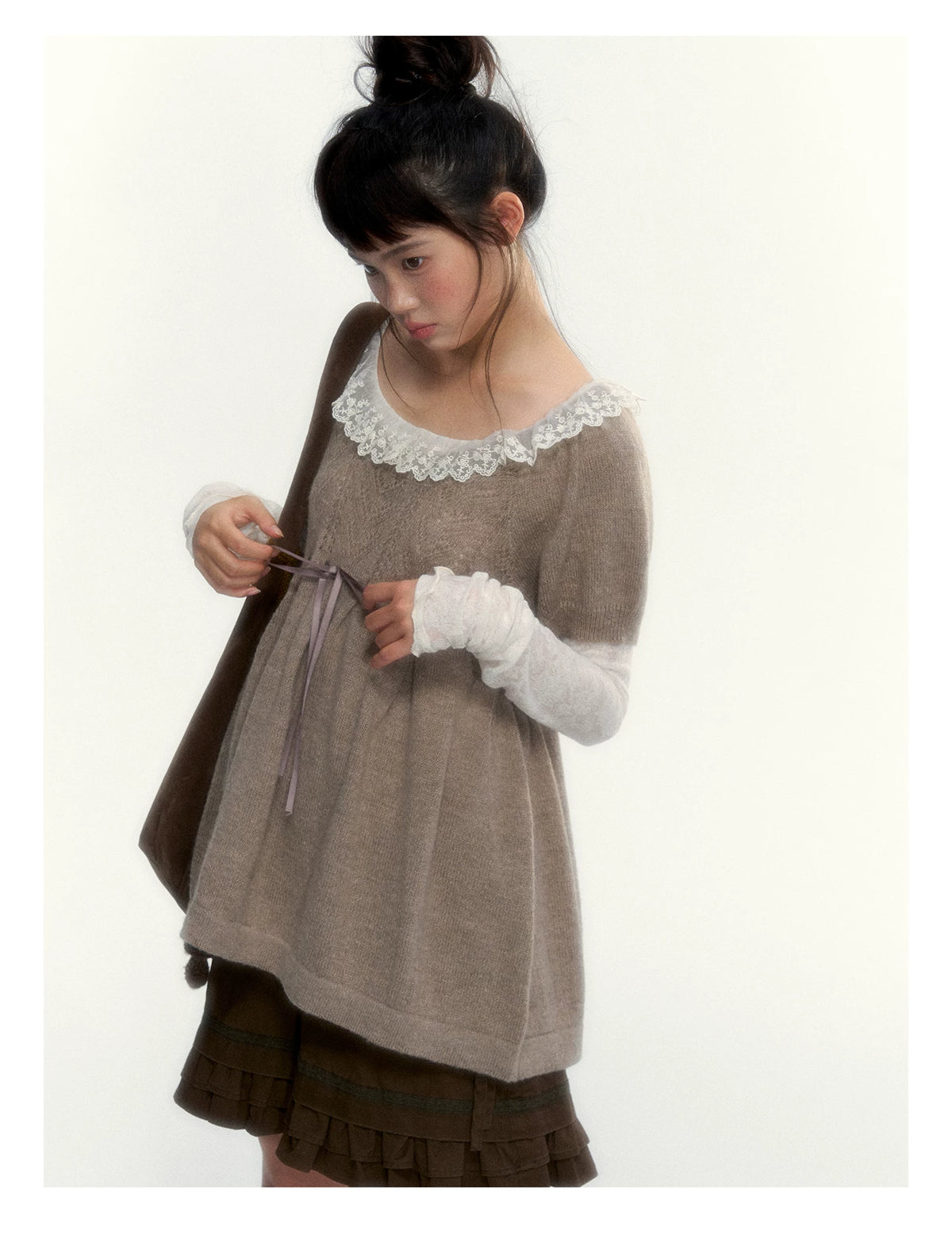 “Cloud Pleats” Chestnut Mist U-Neck Bow-Tie Puff Sleeve Knit Sweater