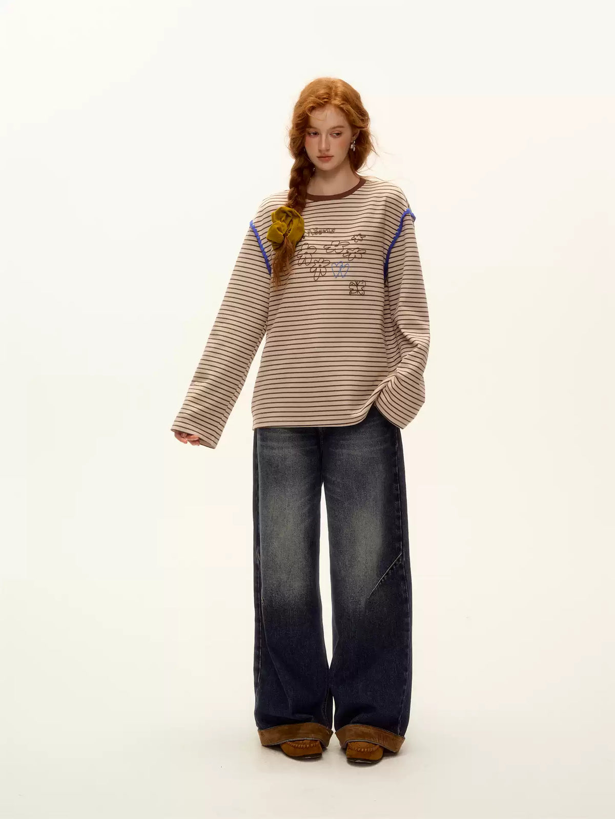 ASGONY - Striped Contrast Embroidered Shell Stitch T-Shirt