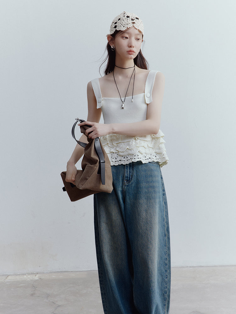 FUSSED Nefelibata Almond Cream Cropped Hand-Crochet Knit Top FOF-25SS175
