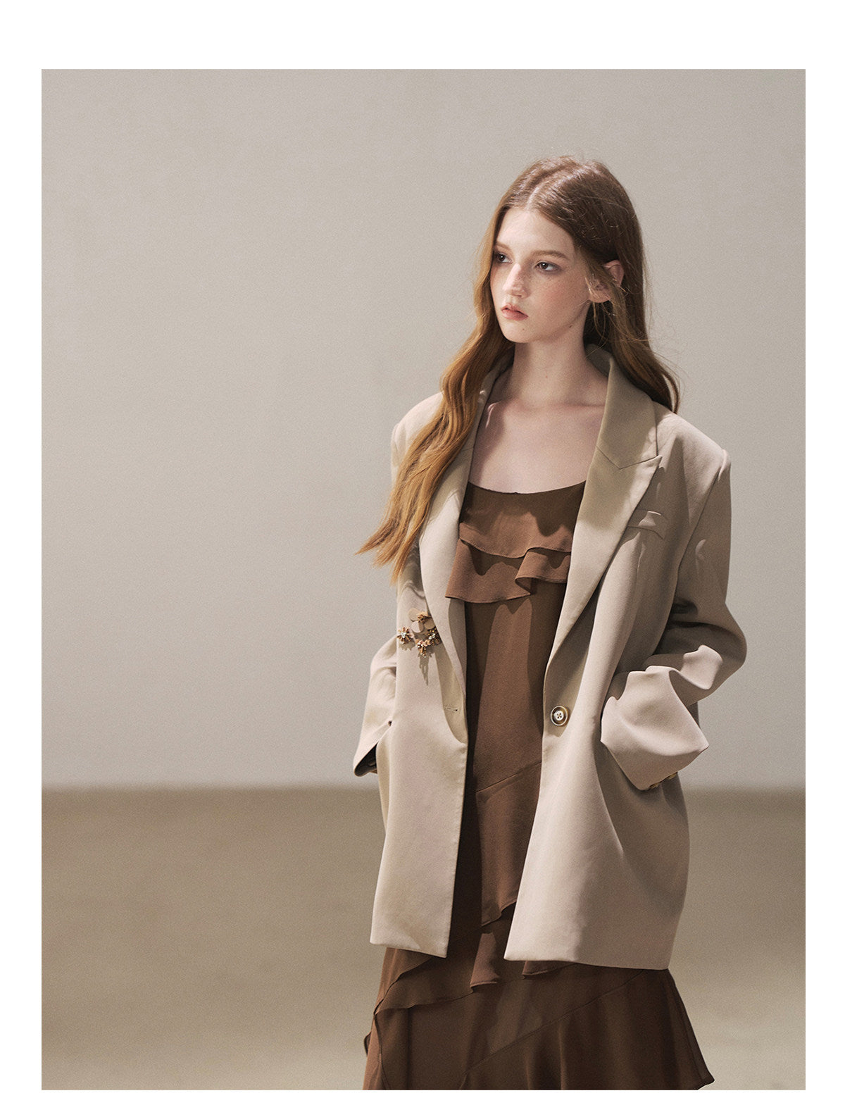 170726 "Whispers Beneath the Brown Skirt" Mocha Mousse Ruffle Cami Mini Dress + Gray Taupe Tailored Blazer