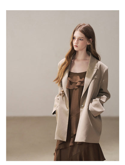 170726 "Whispers Beneath the Brown Skirt" Mocha Mousse Ruffle Cami Mini Dress + Gray Taupe Tailored Blazer