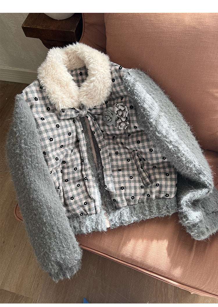 阮阮自制 - "Mist Isle Sakura" Faux-Layered Plaid Fur-Collar Puffer Jacket