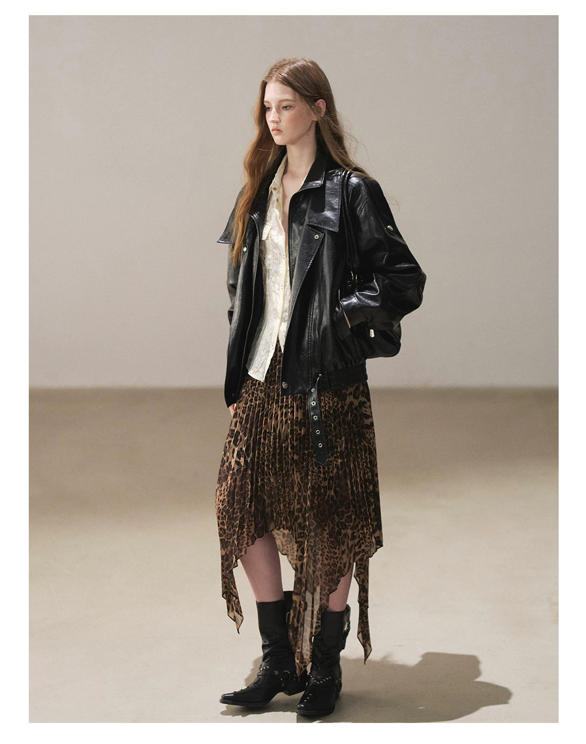 AOMALM - “Cocoa Leopard” Pleated Asymmetric Midi Skirt