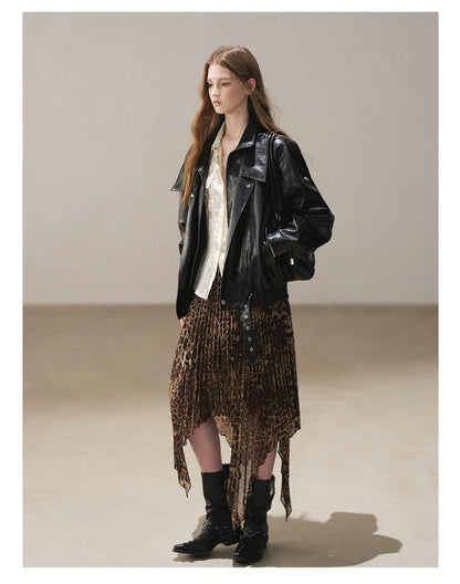 AOMALM - “Cocoa Leopard” Pleated Asymmetric Midi Skirt