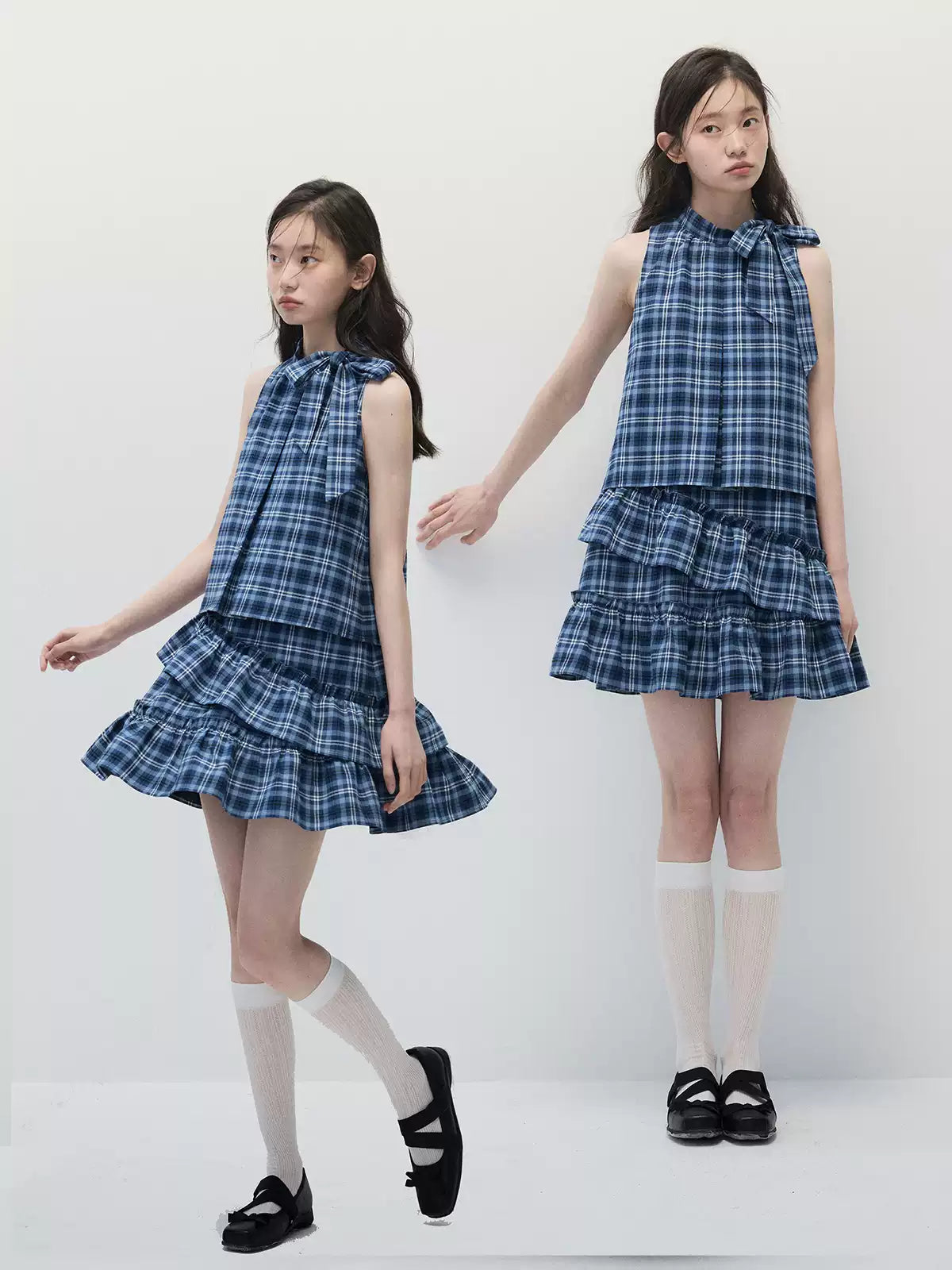 Blue Plaid Sleeveless Tiered Midi Dress with Ruffle Trim