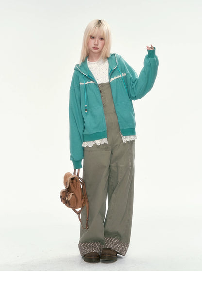 [CAN] Olive Green Floral-Trim Cargo Overalls