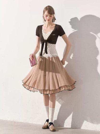 "Summer Café Encounter" Chocolate Knit Cardigan, Floral Lace Cami & Mocha Chiffon Skirt Set