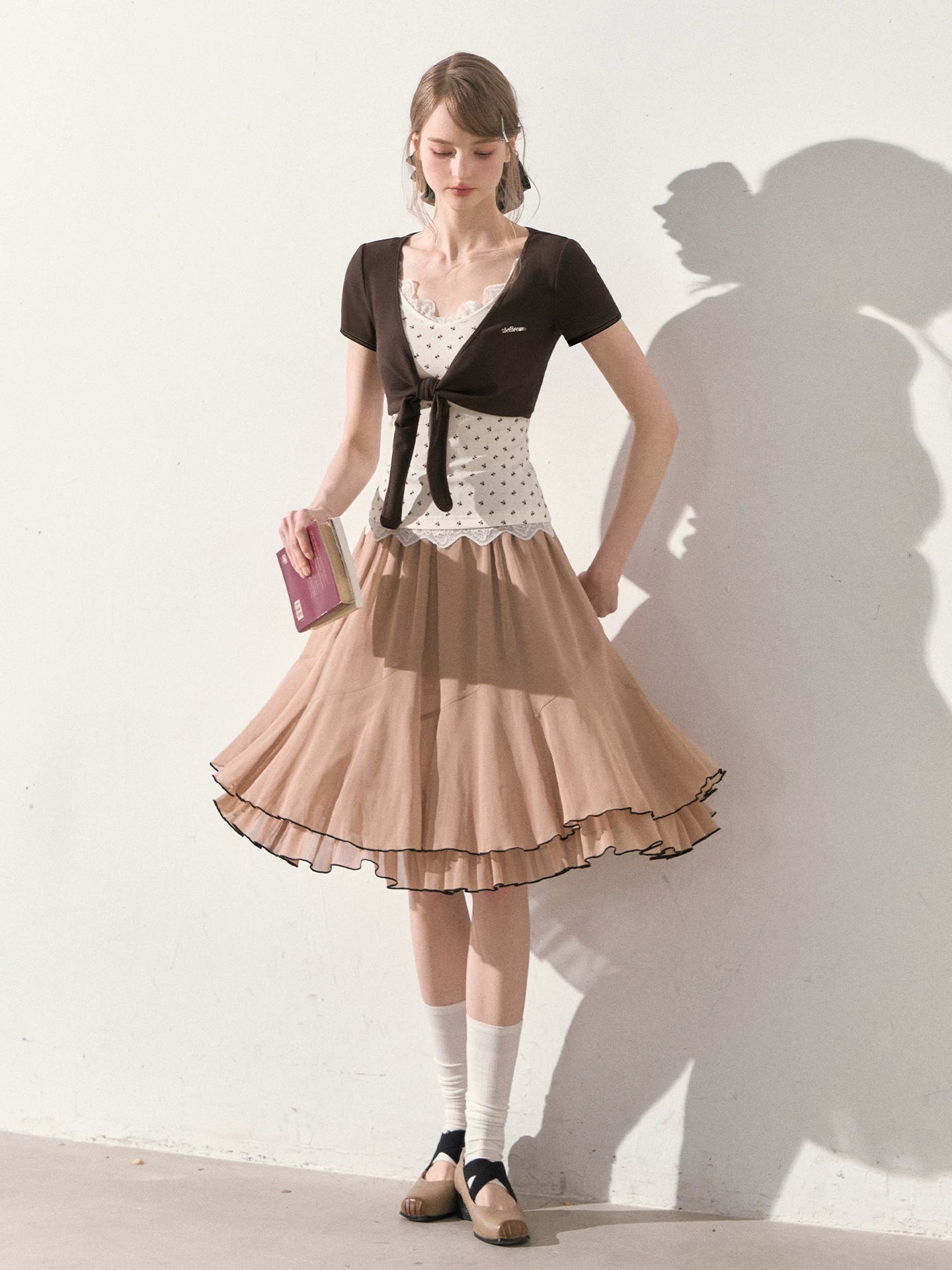 "Summer Café Encounter" Chocolate Knit Cardigan, Floral Lace Cami & Mocha Chiffon Skirt Set