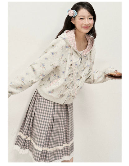 [RF] Vintage Floral Waffle Knit Hoodie Cardigan with Gingham Lining