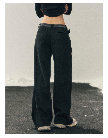 少也眼 “She Passes Through Winter” Fleece-Lined Wide-Leg Trousers with Belt Detail - Deep Rock Gray