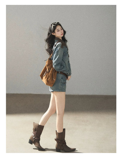 AOMALM - "Borrowed Sunshine" Vintage Blue Denim Commuter Set (Top + Shorts with Belt)
