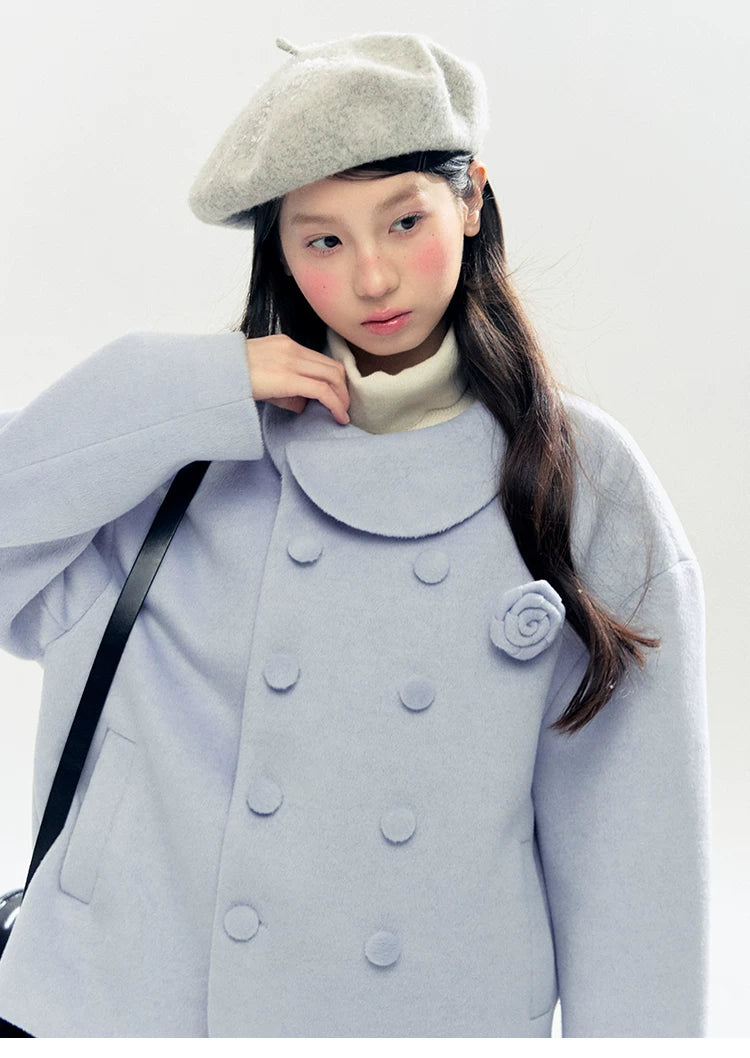 "Rose Manifesto" Frosted Blue Double-Breasted Quilted Wool-Blend Peacoat