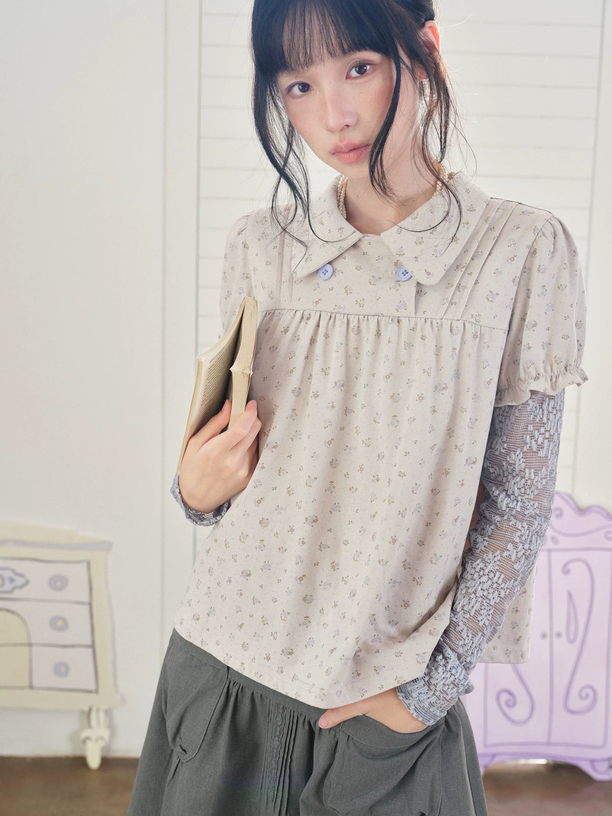DAILY ARTIST - “Blue Letters of Memory” Gray Blue Floral Faux-Layer Lace Knit Top