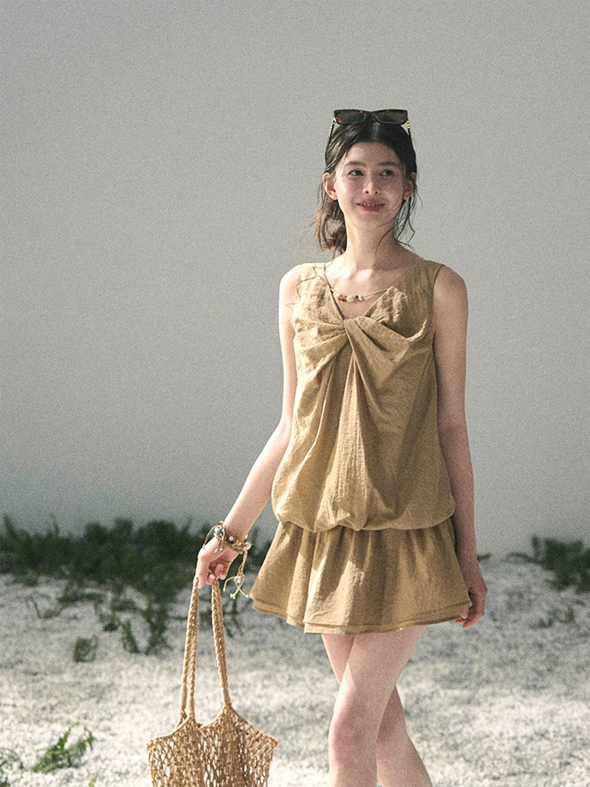 “Whispering Grass” Milk Tea Twist Mini Dress