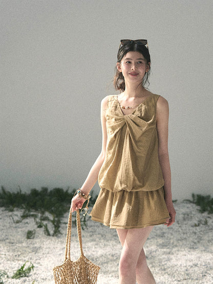 “Whispering Grass” Milk Tea Twist Mini Dress