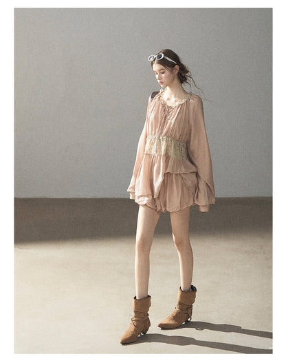 170726 "Ripples of Autumn" Milk Tea Lace Blouse & Bubble Shorts Set