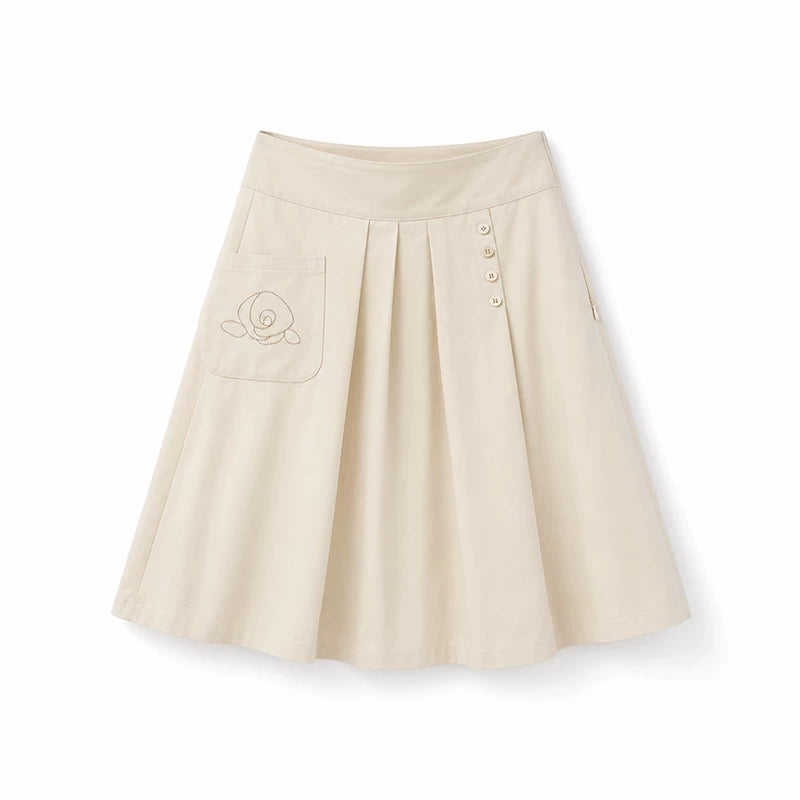 DAILY ARTIST - Warm Ivory Rose Embroidered Pleated A-Line Skirt