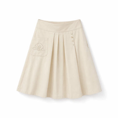 DAILY ARTIST - Warm Ivory Rose Embroidered Pleated A-Line Skirt