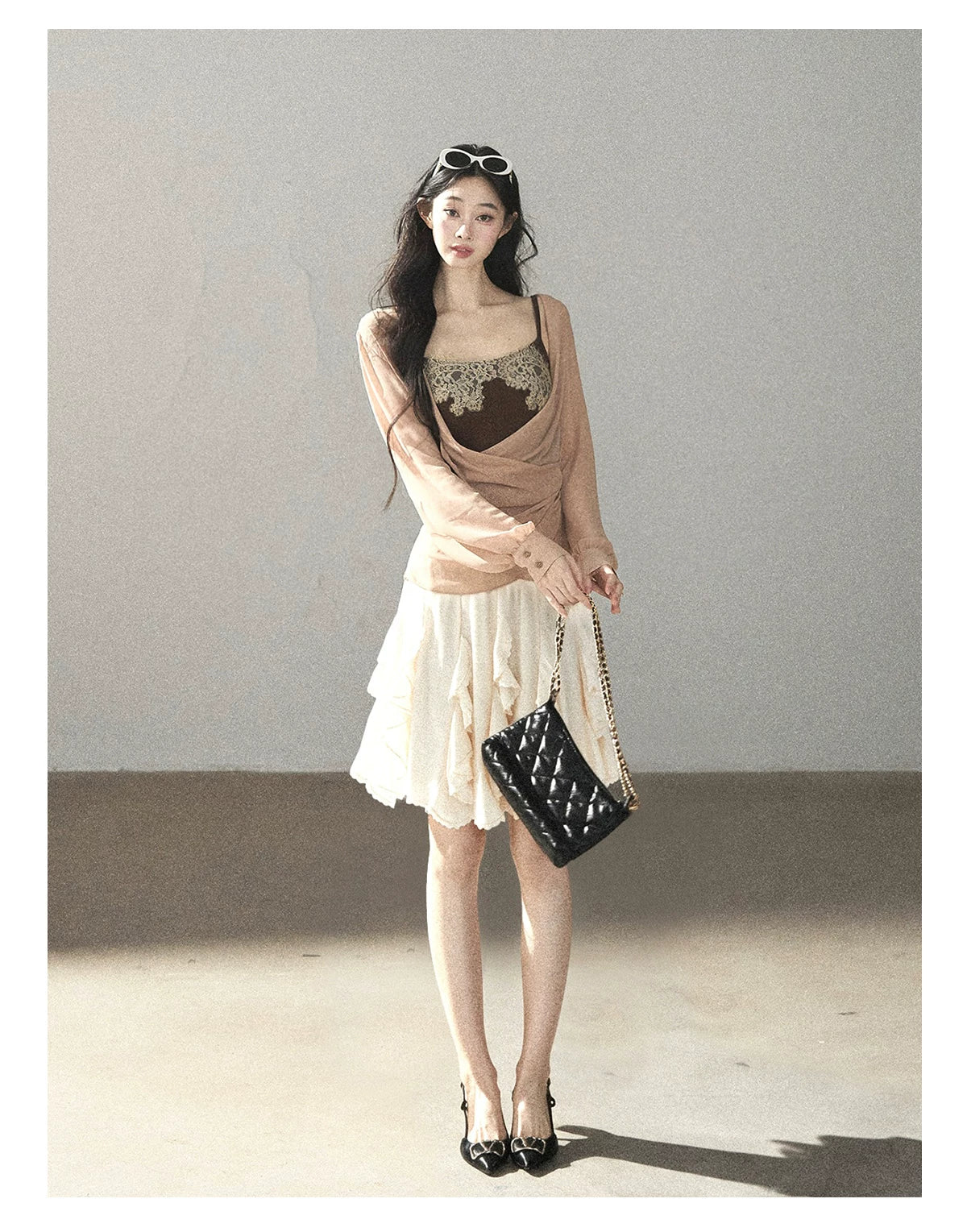 AOMALM - Cinnamon Blush Ruched Wrap Chiffon Top with Lace Cami Set