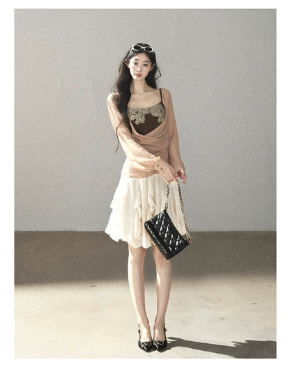 AOMALM - Cinnamon Blush Ruched Wrap Chiffon Top with Lace Cami Set