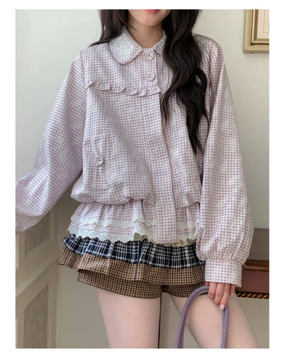 [RF] “Cream Garden Reverie” Light Purple Plaid Ruffle Lace-Trim Jacket