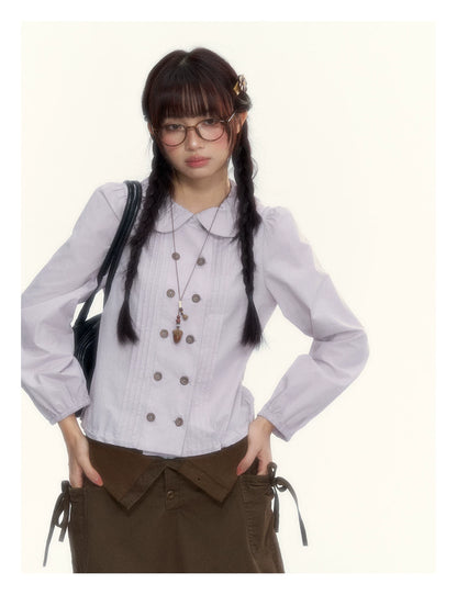 “Academy Melody” Navy Plaid & Dusty Purple Peter Pan Collar Cotton Shirt (Navy Plaid / Dusty Purple)