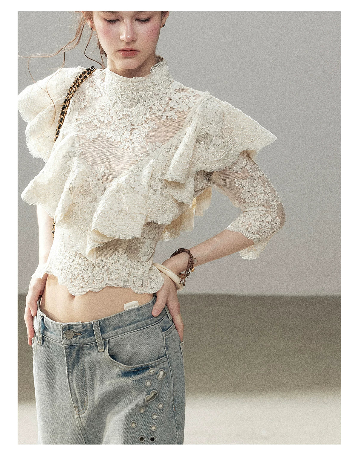 "Translucent Bloom" Dutch Cheese Lace Cropped Top