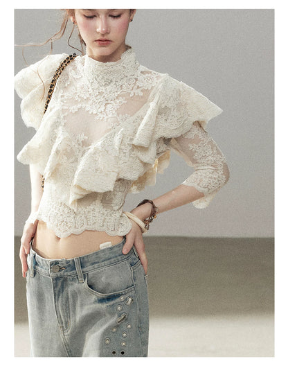 "Translucent Bloom" Dutch Cheese Lace Cropped Top