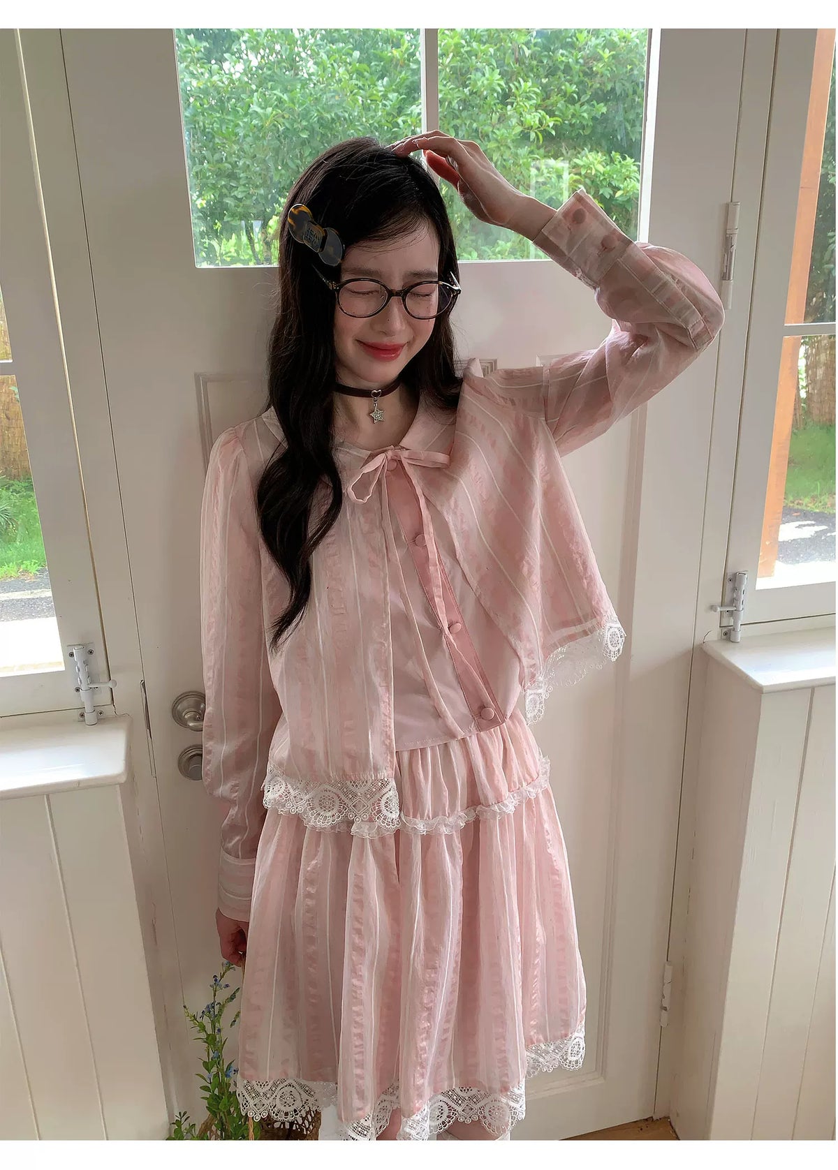 [RF] “Blush Cloud Reverie” Pink Lace-Trim Stripe Blouse & Skirt Set