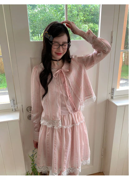[RF] “Blush Cloud Reverie” Pink Lace-Trim Stripe Blouse & Skirt Set