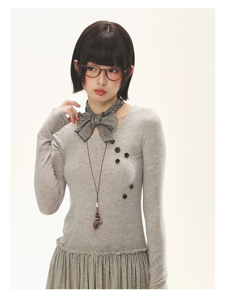 "Spring Memoir" TENCEL™ Wool Pleated Knit Midi Dress (Oat Gray/ Butter Cream)