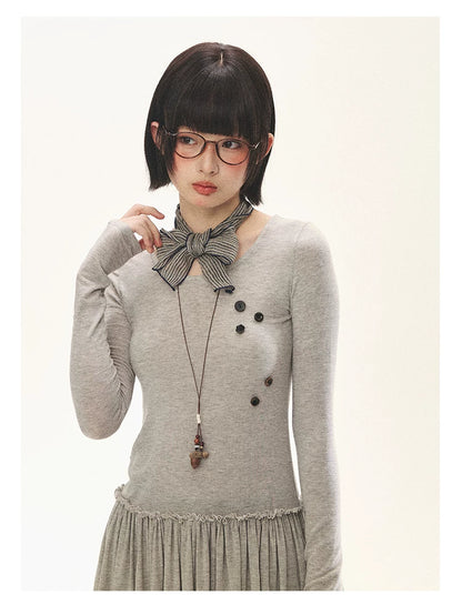 "Spring Memoir" TENCEL™ Wool Pleated Knit Midi Dress (Oat Gray/ Butter Cream)