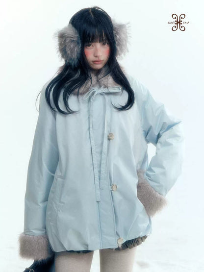 Horridale - Blue Bud-Shaped Faux Fur Collar Parka Down Jacket
