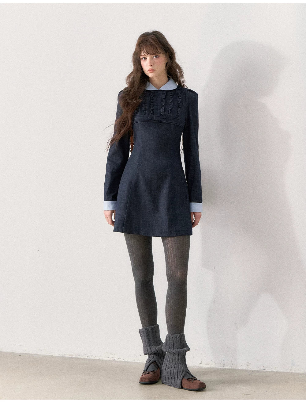 [TMMG] French Vintage Deep Navy Faux Two-Piece Ruffle Dress